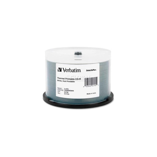 Verbatim Americas Verbatim CD-R Discs, 94795, 52X, 700MB/80Min, Thermal Printable, Spindle, 50/Pk, White 94795 - main
